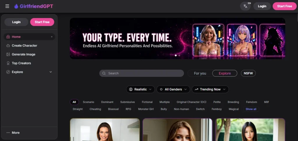 7 Best AI Chatbots for Roleplay: We Tested Character Drift 10 GirlfriendGPT HomePage