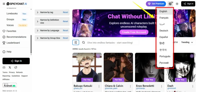 SpicyChat Nine Supporting languages