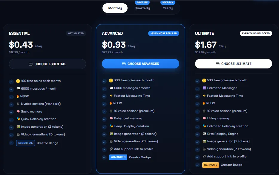 Darlink AI Review 2026: Plans, Memory, NSFW and Real Costs 3 Darlink AI Pricing Plans